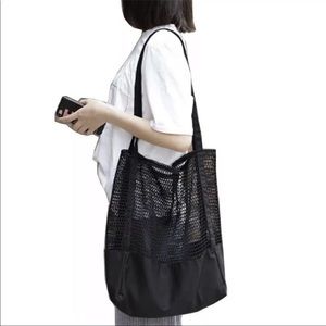 Mesh bag tote shopping grocery bag shoulder bag Black canvas